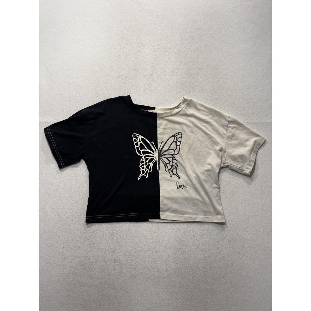 ROMWE Shirt Womens Large Black White Colorblock Butterfly Love Graphic Crop Tee